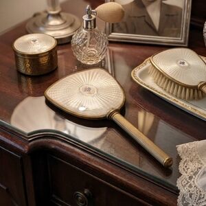 Vintage Guilloché Hand Mirror and Vanity Brush Set - Ivory & Gold